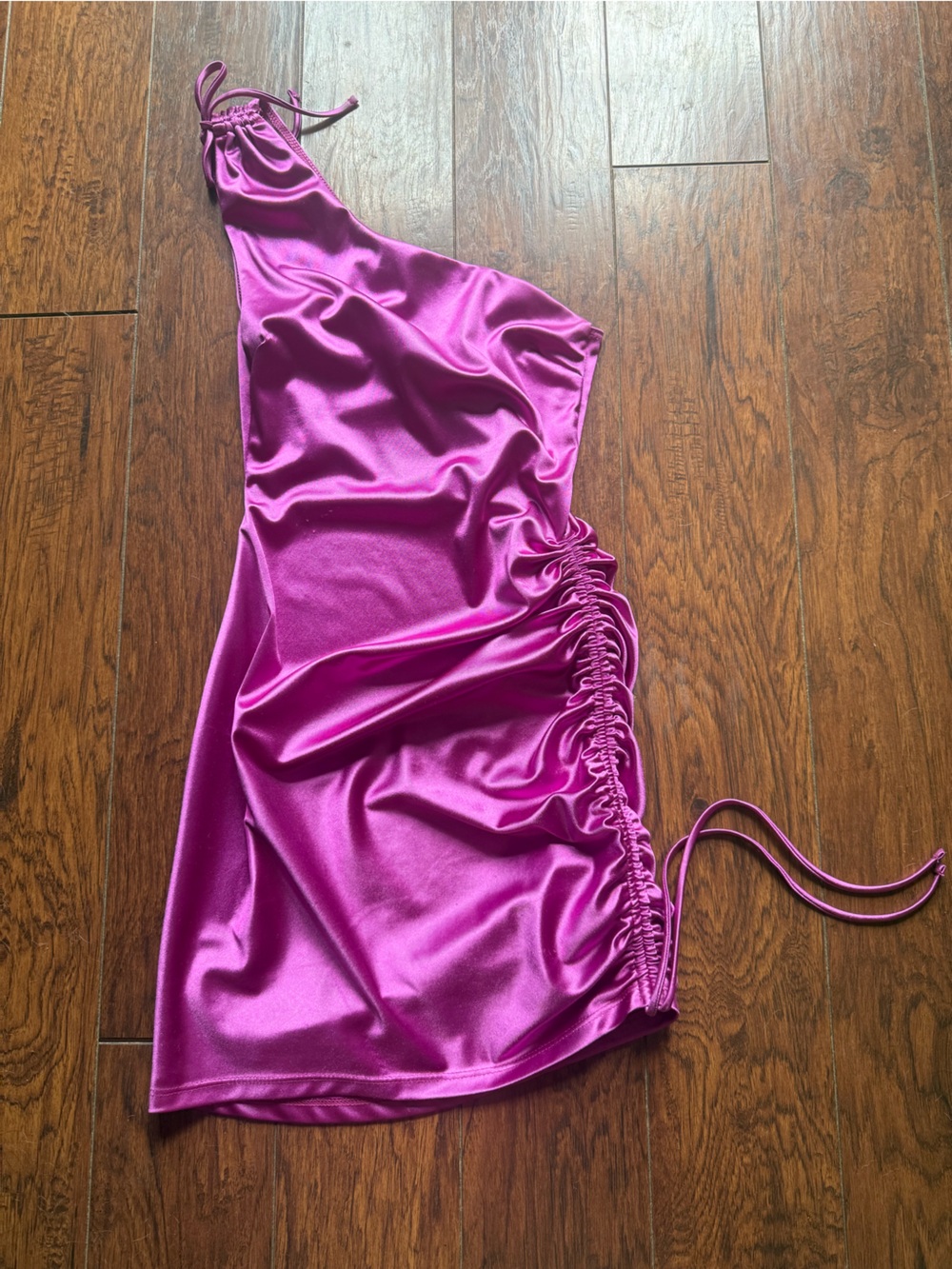 B Darlin Fuchsia Satin One-Shoulder Ruched Slip Dress